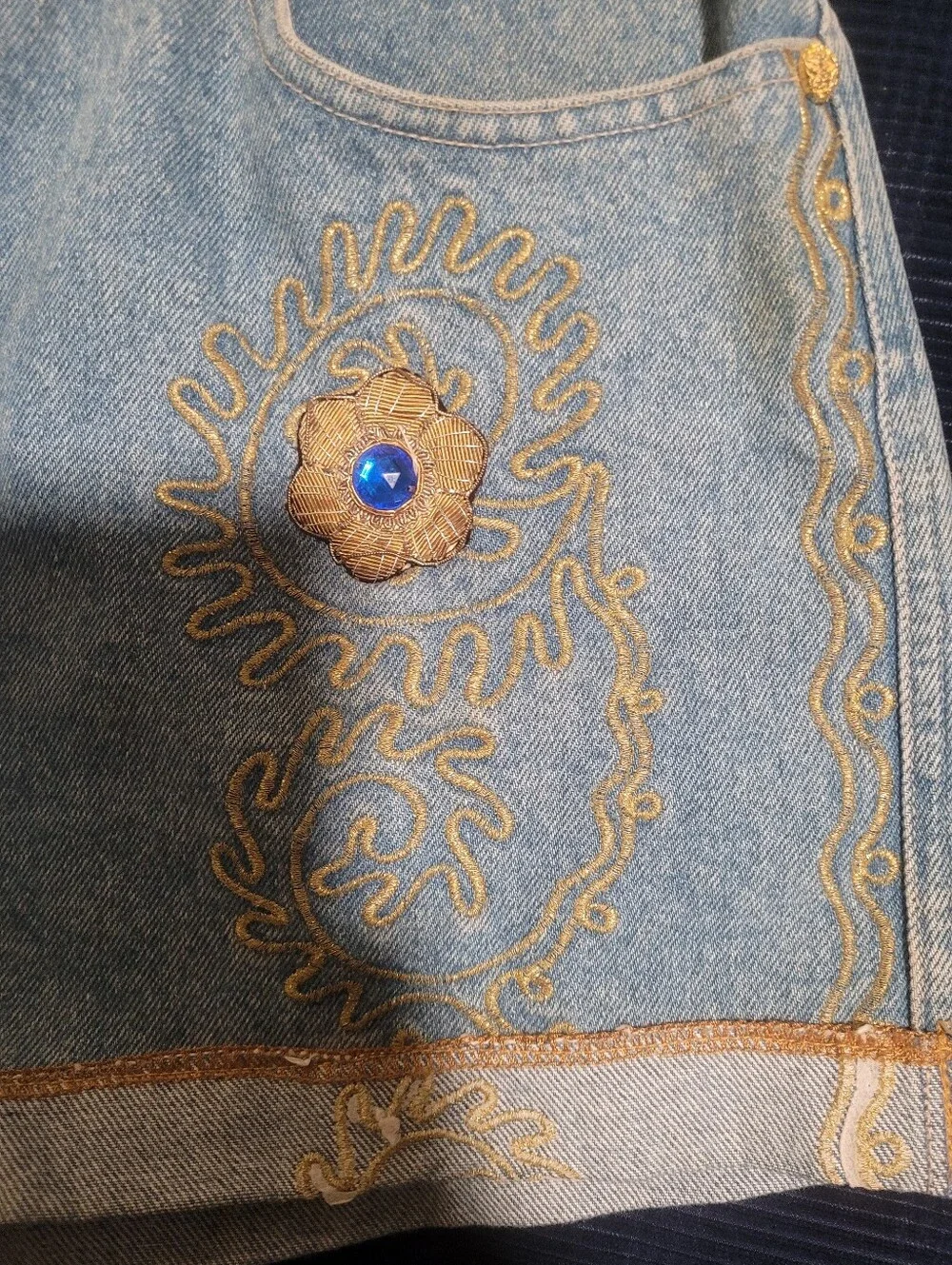 Vintage Light Blue Embroidered Denim Shorts - Women's Summer Casual